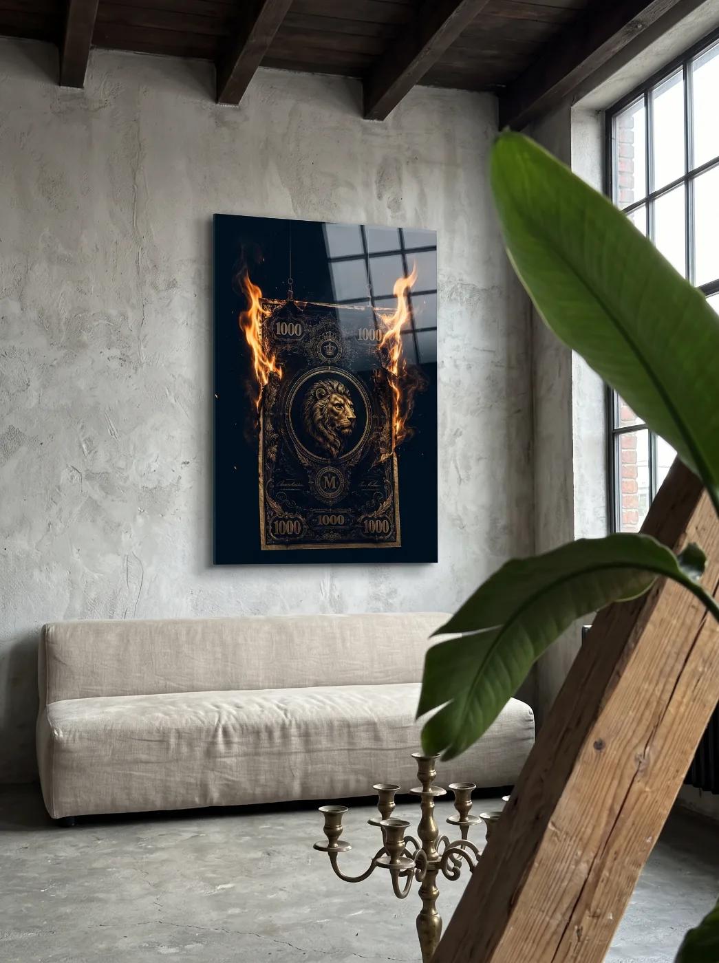 Lion Crown Fire Glass Wall Art | Dark Gold Tempered Glass Print — 3