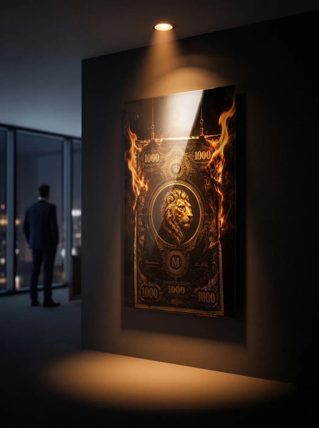 Lion Crown Fire Glass Wall Art | Dark Gold Tempered Glass Print — 4