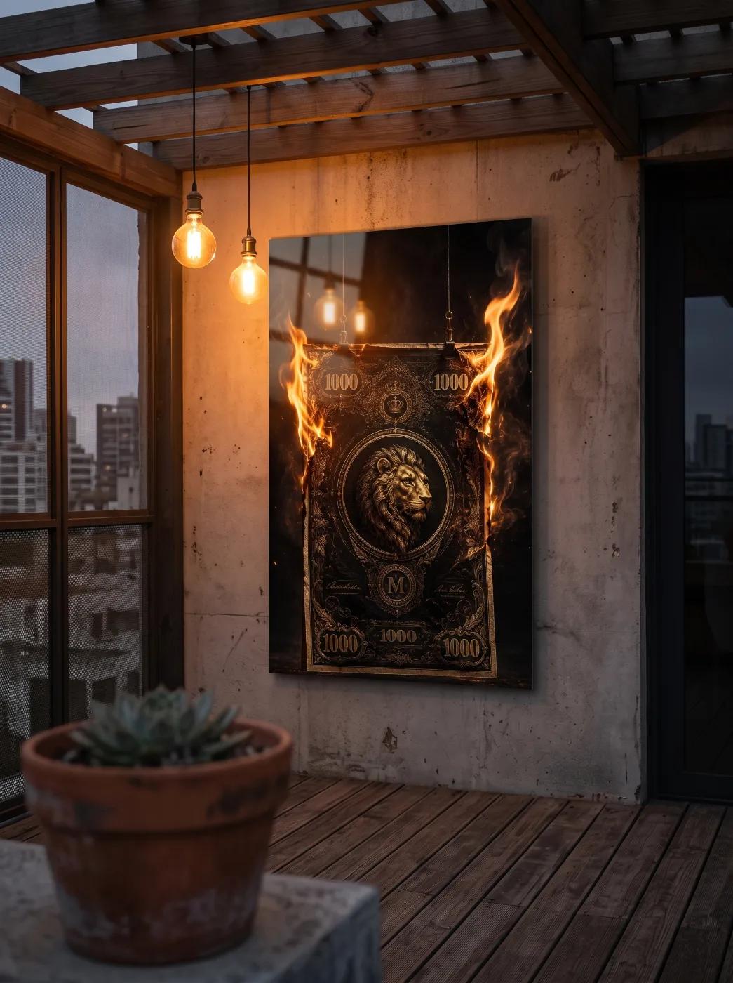 Lion Crown Fire Glass Wall Art | Dark Gold Tempered Glass Print — 5