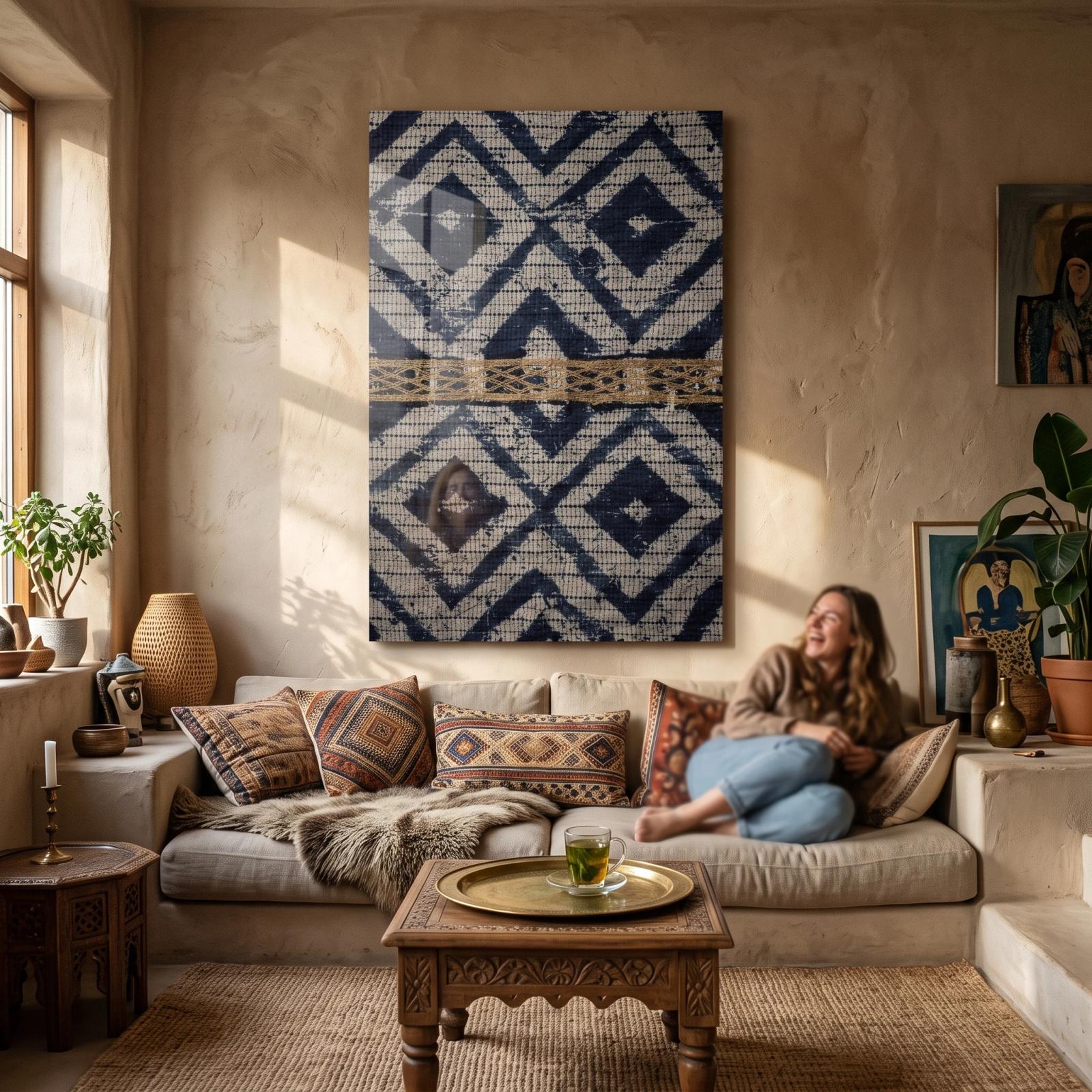 Indigo Geometric Textile Tempered Glass Wall Art