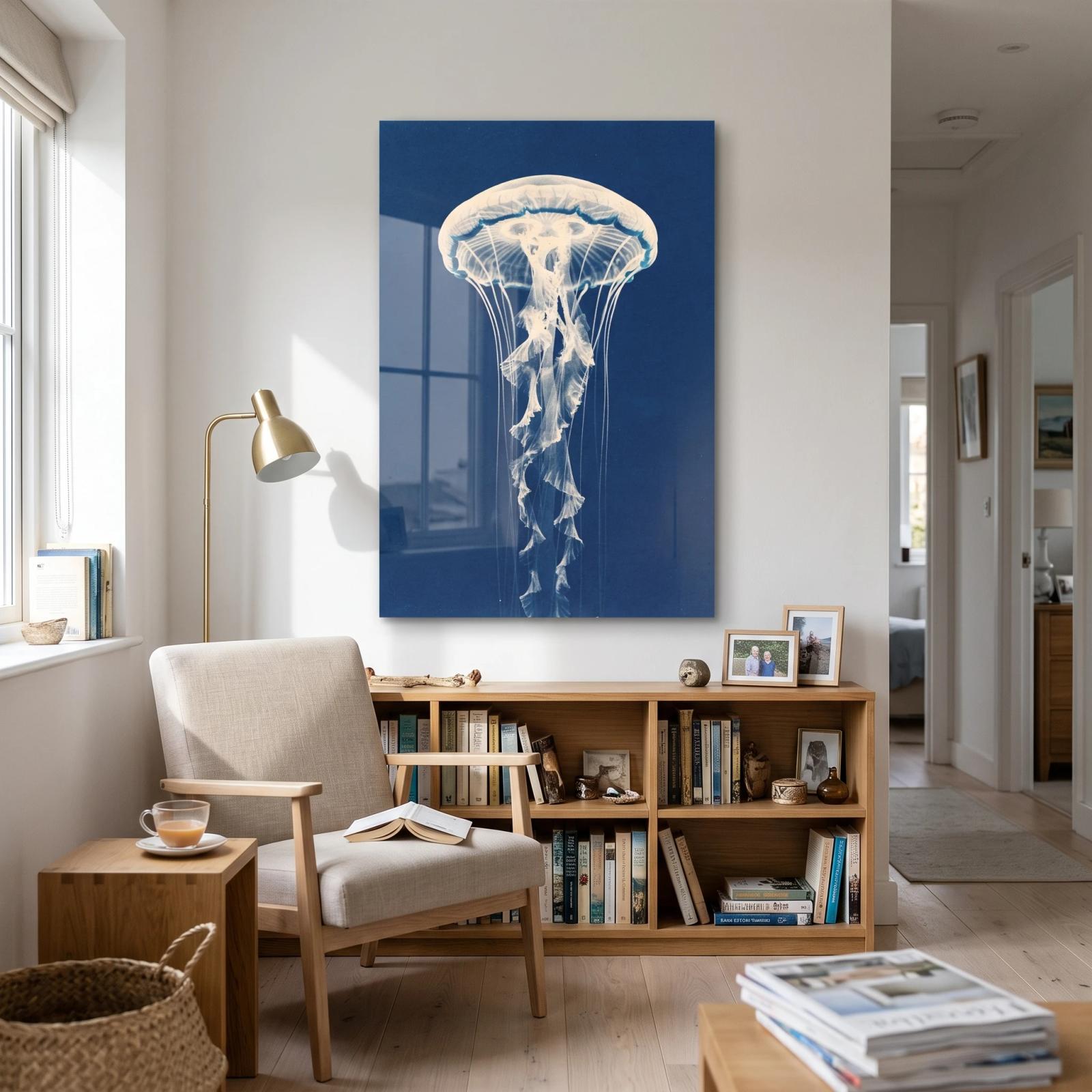 Jellyfish Cyanotype Deep Blue Ocean Glass Wall Art