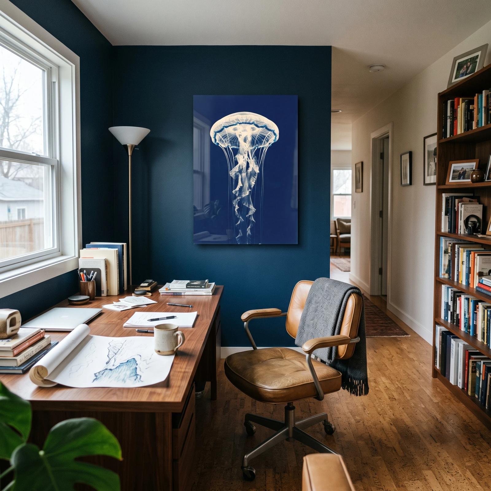 Jellyfish Cyanotype Deep Blue Ocean Glass Wall Art — 4