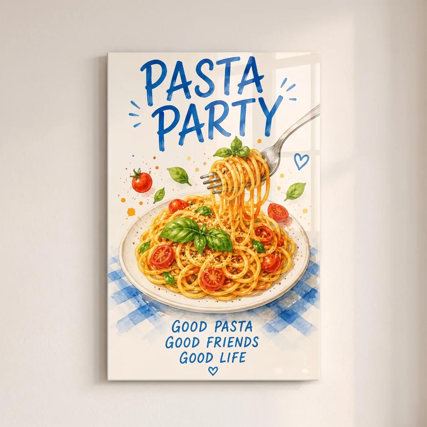 Pasta Party Kitchen Wall Art Watercolor Spaghetti | Glass Wall Art