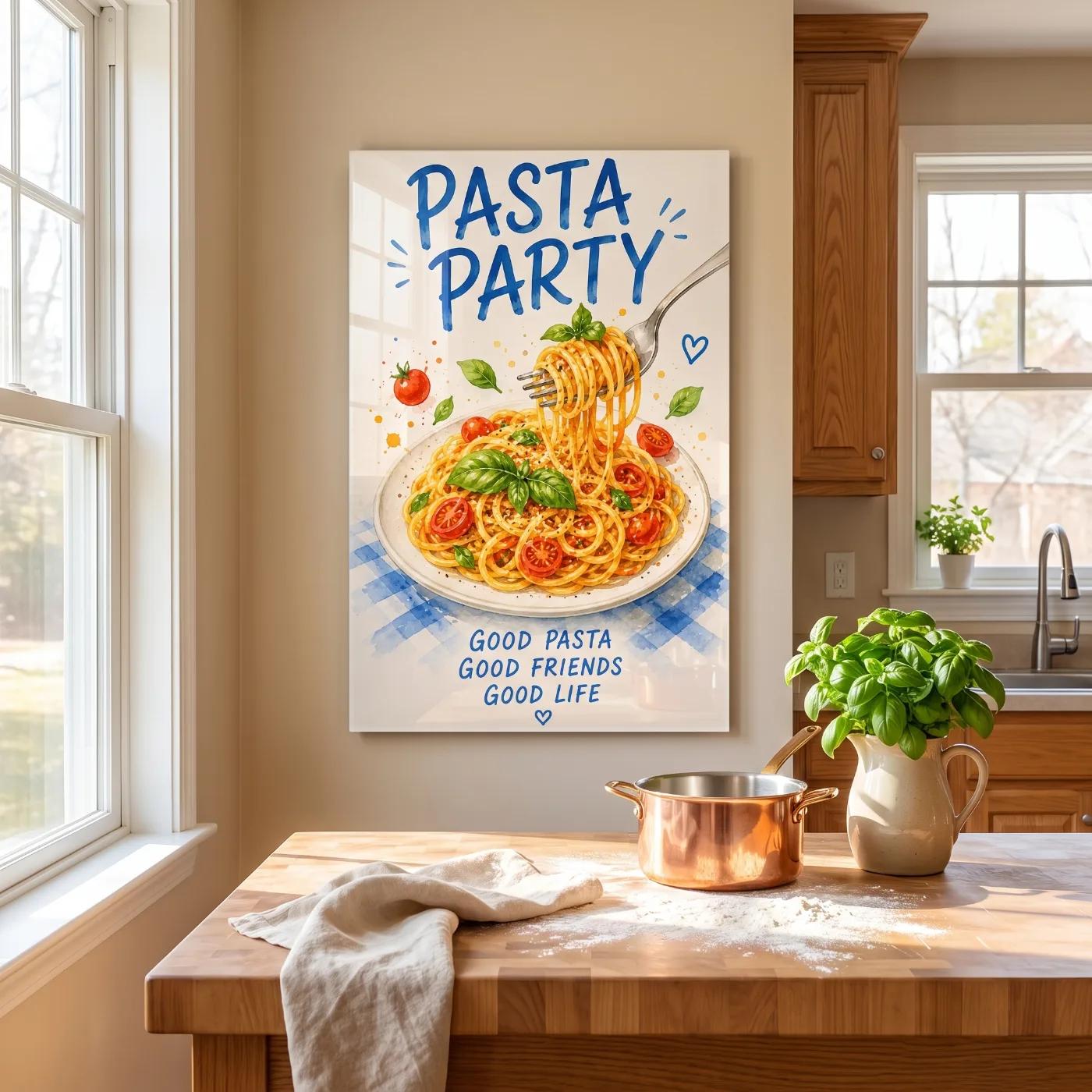 Pasta Party Kitchen Wall Art Watercolor Spaghetti | Glass Wall Art — 2