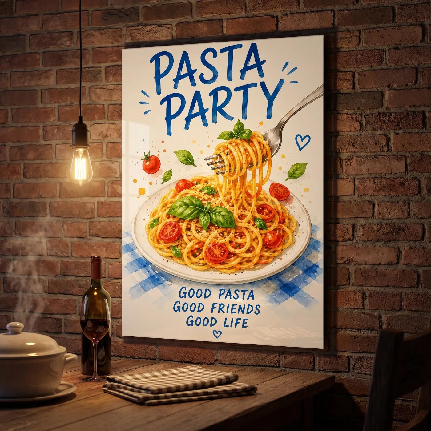 Pasta Party Kitchen Wall Art Watercolor Spaghetti | Glass Wall Art — 3
