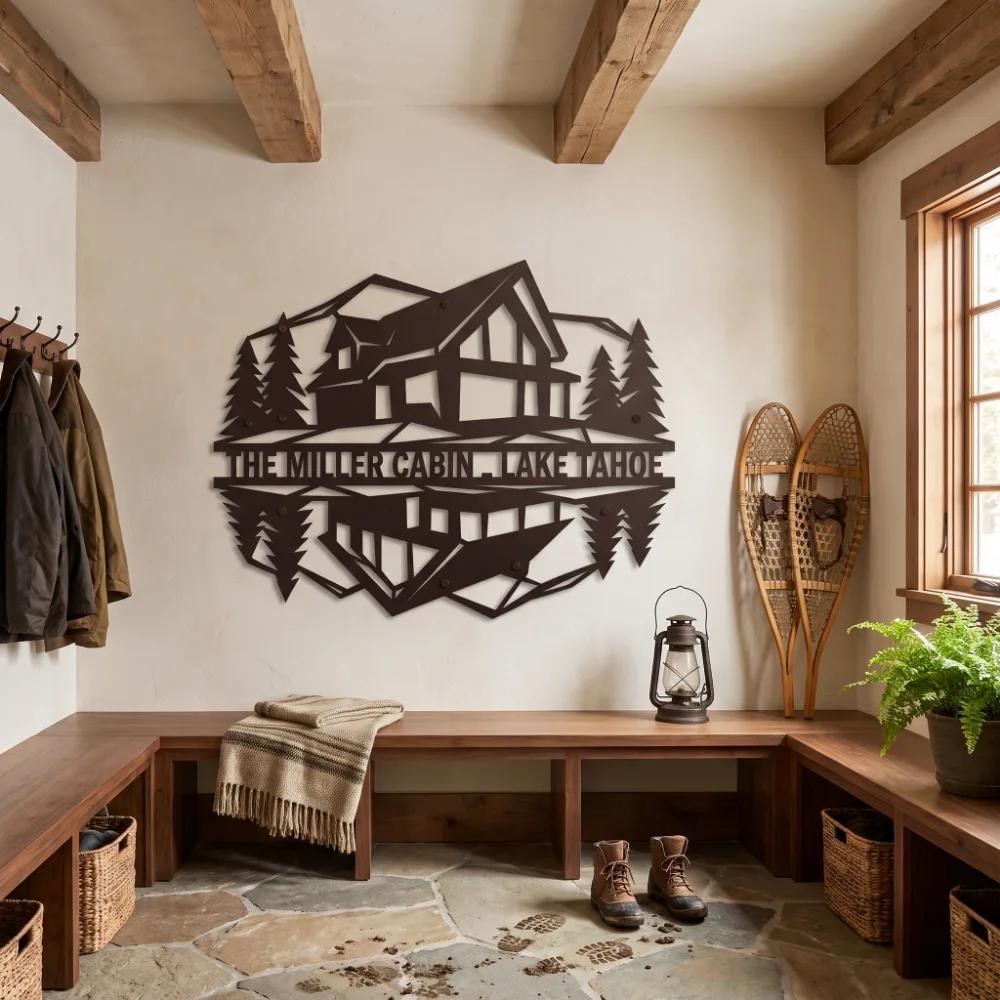 Custom Lake House Metal Wall Art – Mirrored Cabin Sign, Rustic Entryway Decor
