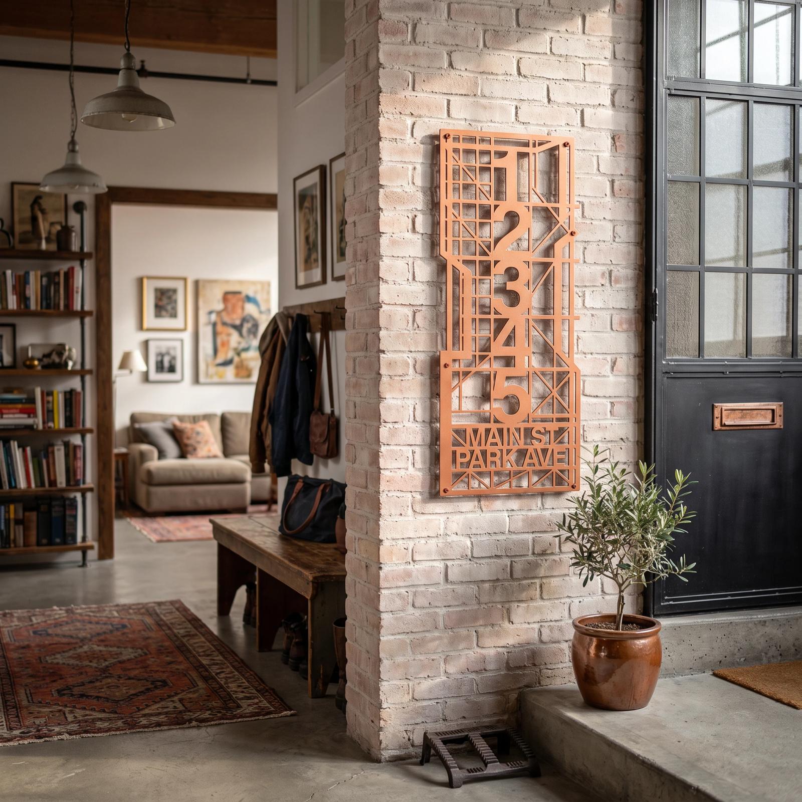 Custom House Number Street Name Metal Wall Art – Foundry Grid, Industrial Entryway Decor