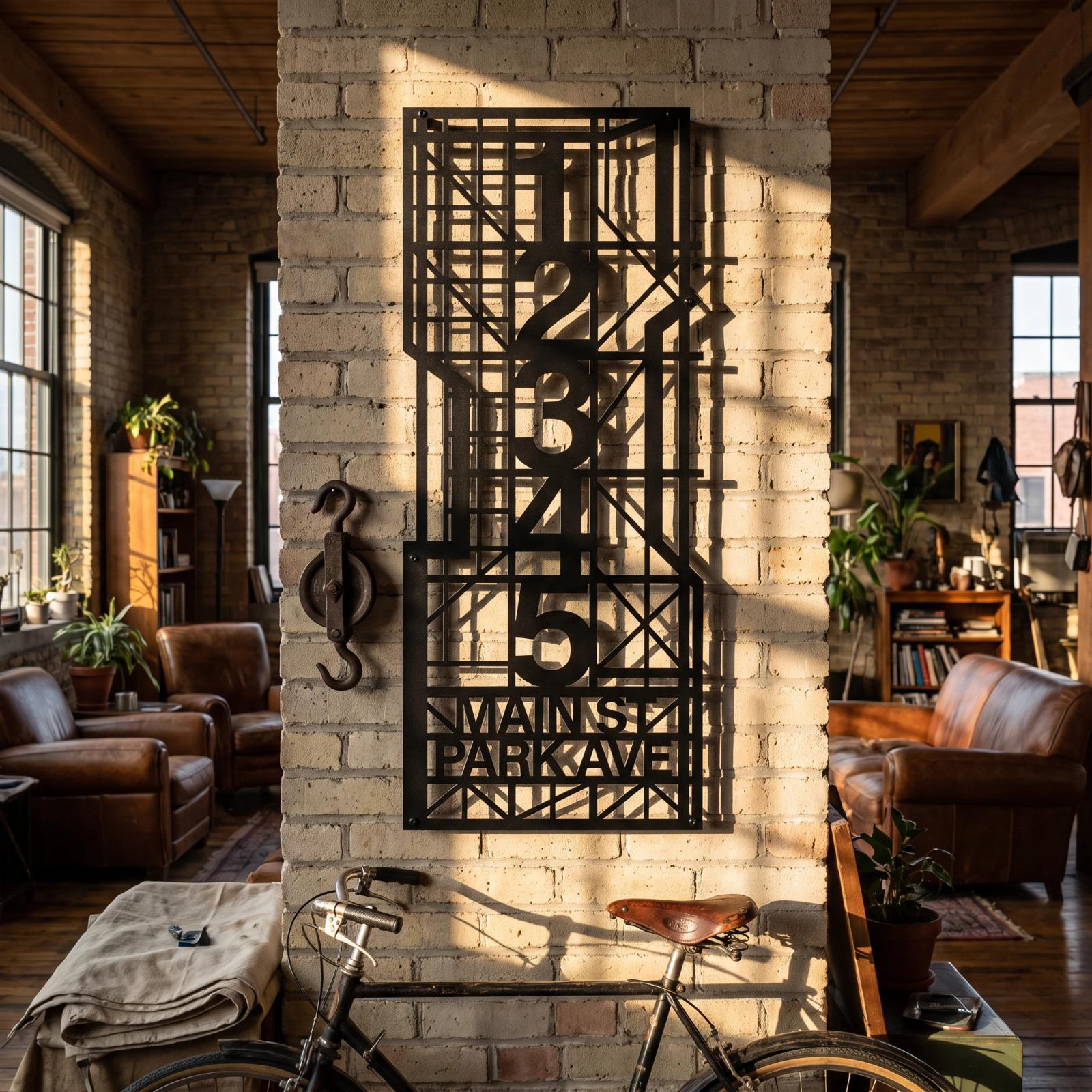 Custom House Number Street Name Metal Wall Art – Foundry Grid, Industrial Entryway Decor — 4
