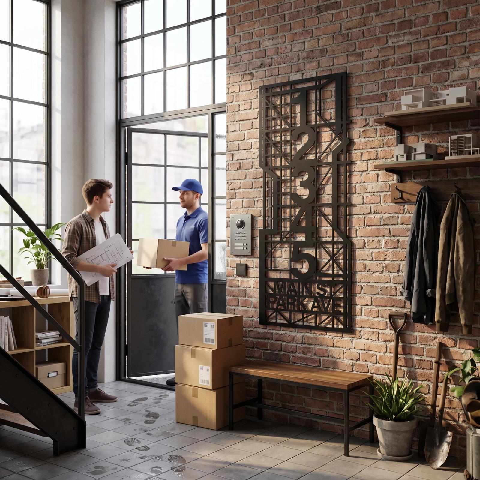 Custom House Number Street Name Metal Wall Art – Foundry Grid, Industrial Entryway Decor — 7