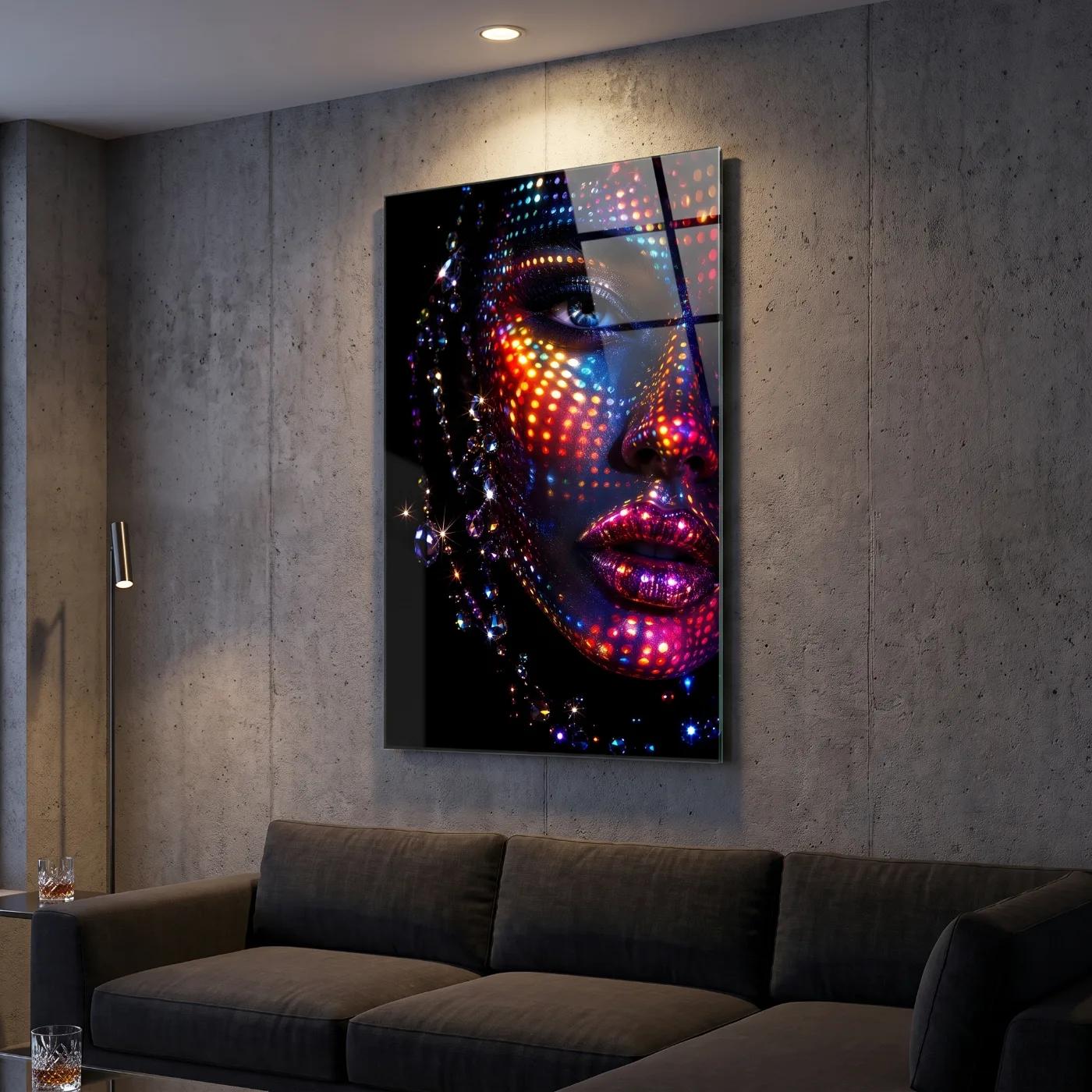 Neon Portrait Crystal Dot Woman Face Glass Wall Art