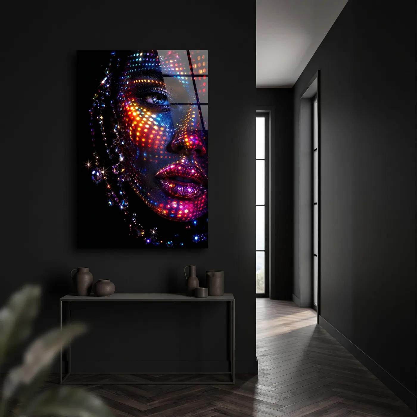 Neon Portrait Crystal Dot Woman Face Glass Wall Art — 2