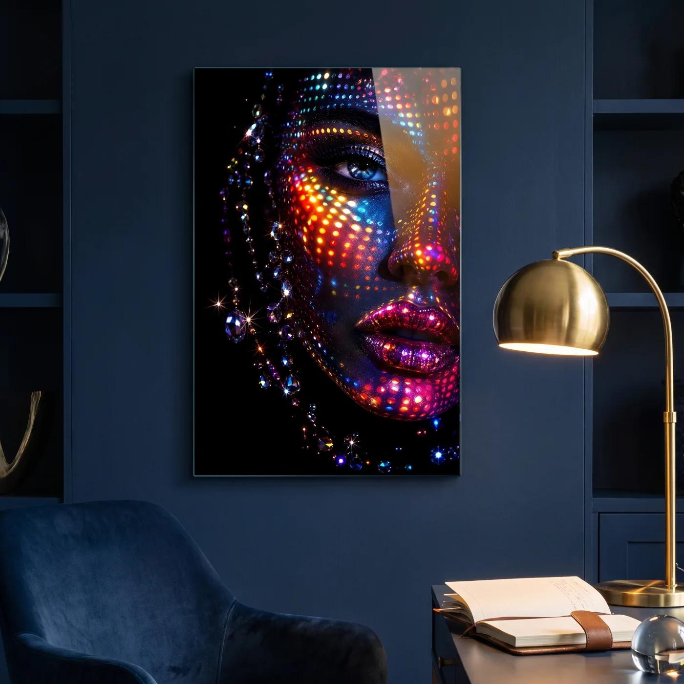 Neon Portrait Crystal Dot Woman Face Glass Wall Art — 3