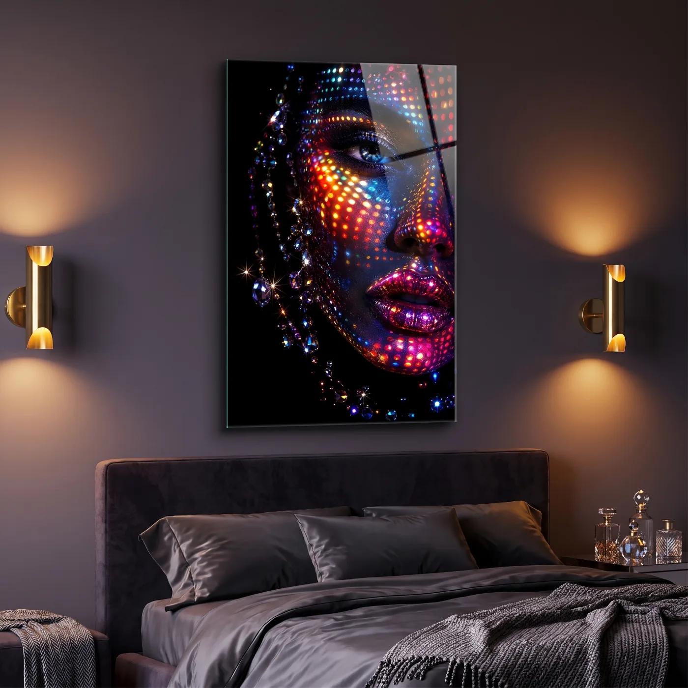 Neon Portrait Crystal Dot Woman Face Glass Wall Art — 4