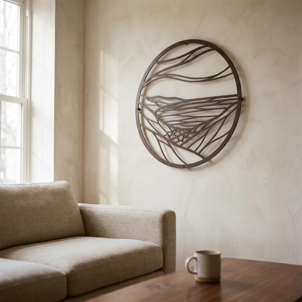 Round Landscape Metal Wall Art – Still Horizon, Modern Living Room Mountain Decor