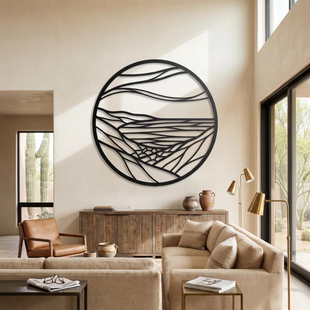 Round Landscape Metal Wall Art – Still Horizon, Modern Living Room Mountain Decor — 5