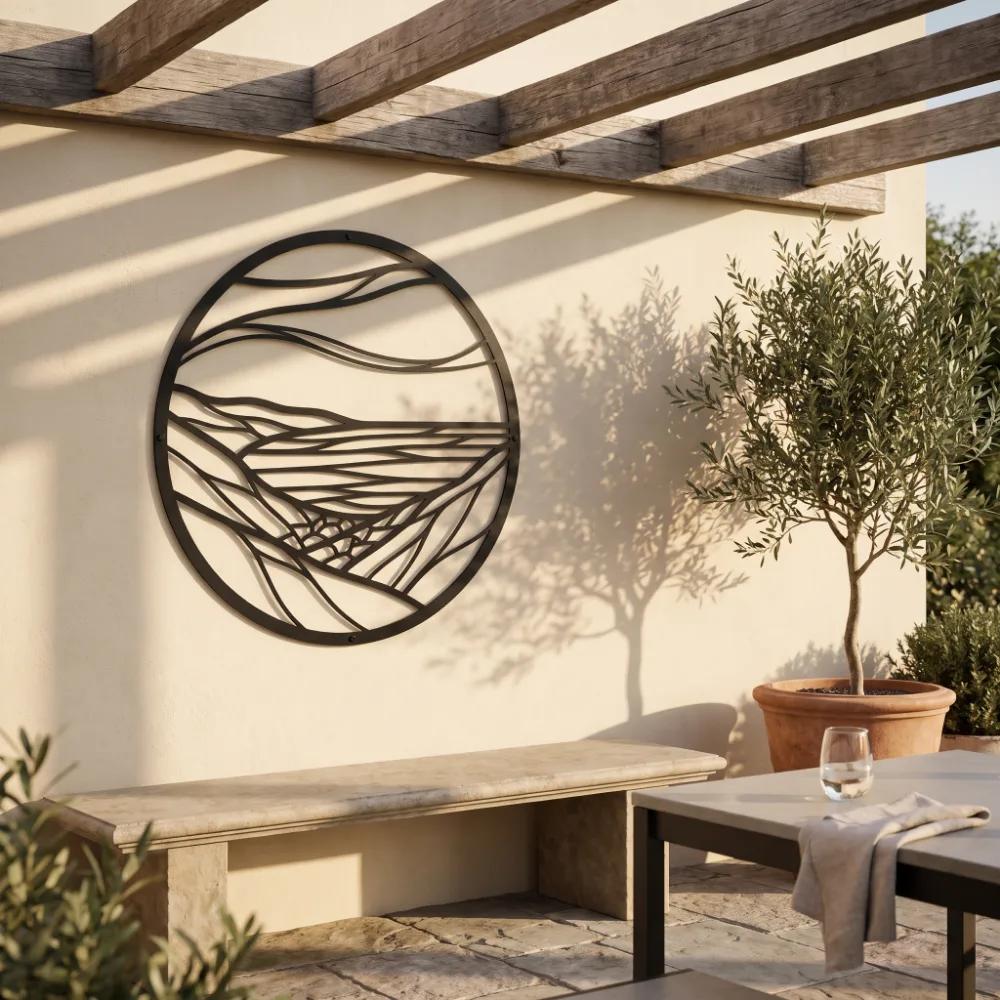 Round Landscape Metal Wall Art – Still Horizon, Modern Living Room Mountain Decor — 7