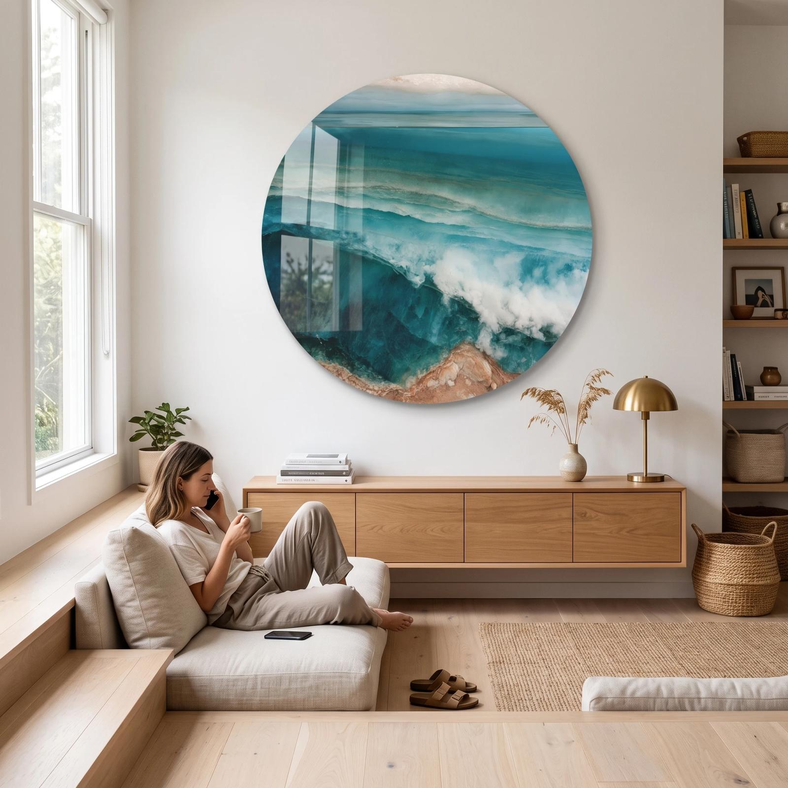 Ocean Wave Glass Wall Art Abstract Coastal Round Glass Wall Decor
