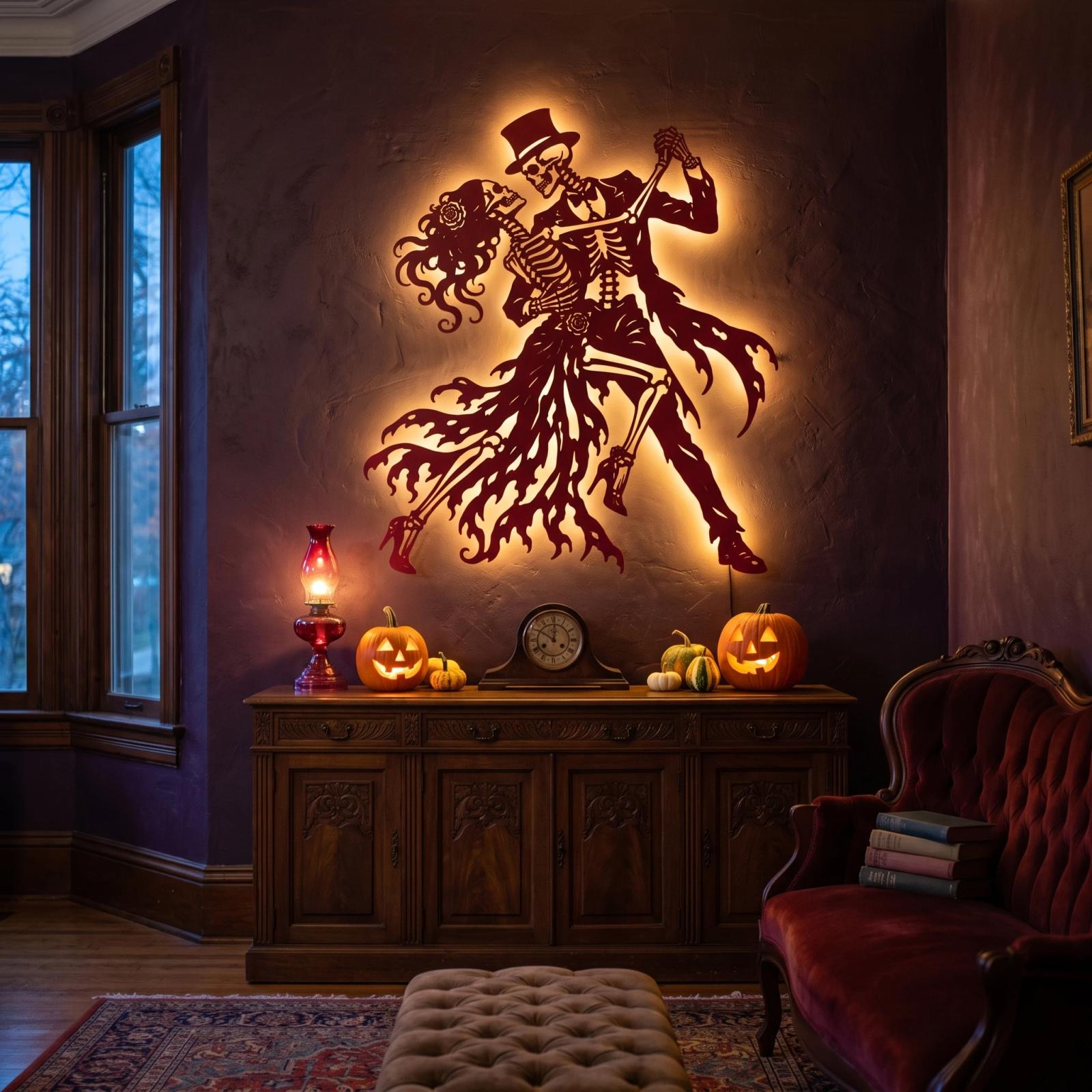 Halloween Skeleton Couple LED Metal Wall Art – Eternal Tango, Gothic Living Room & Entryway Decor