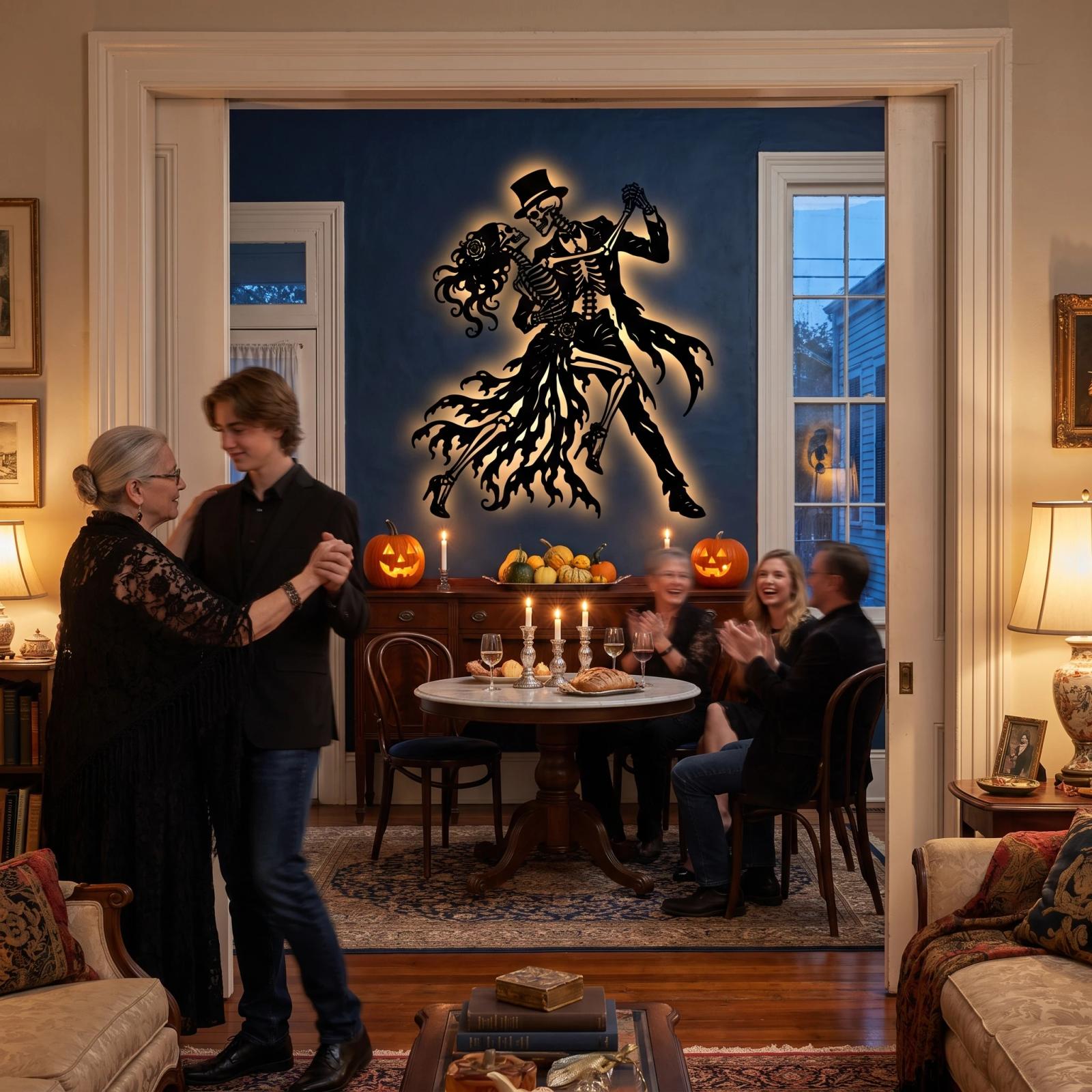 Halloween Skeleton Couple LED Metal Wall Art – Eternal Tango, Gothic Living Room & Entryway Decor — 2
