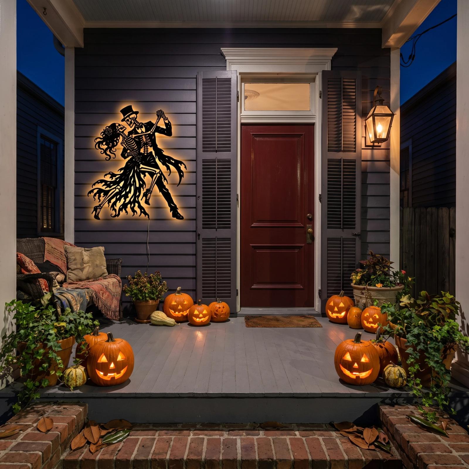 Halloween Skeleton Couple LED Metal Wall Art – Eternal Tango, Gothic Living Room & Entryway Decor — 4