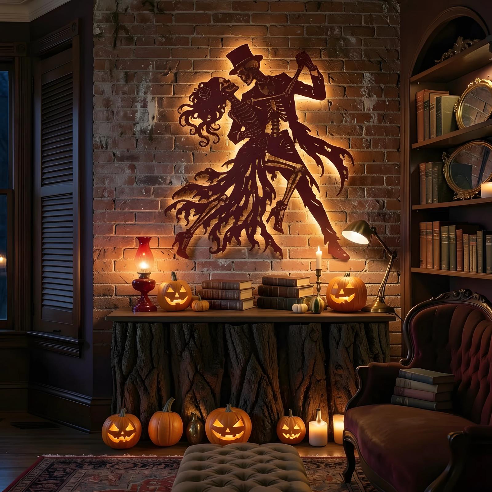 Halloween Skeleton Couple LED Metal Wall Art – Eternal Tango, Gothic Living Room & Entryway Decor — 6